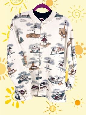 Vintage Art Unlimited Sportswear cozy white lighthouses button up sweater